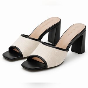 The Drop Black Block Heel Mule Sandals Cream Canvas Strap Casual Womens Size 8.